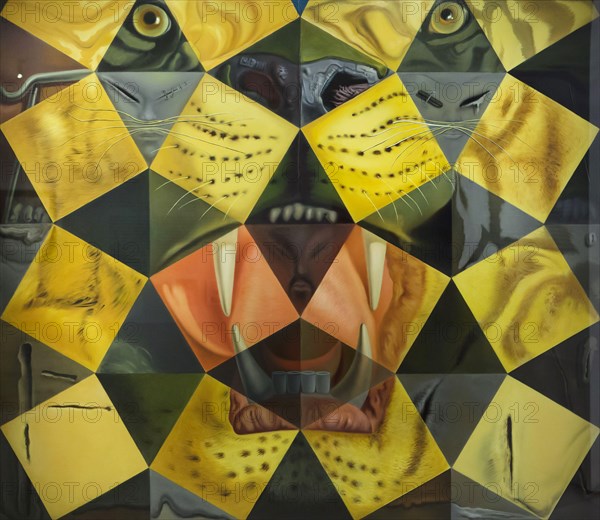 Painting by Spanish surrealist painter Salvador Dalí entitled 'Fifty abstract paintings that from two metres change into three Lenins disguised as a Chinese and from six metres form the head of a Royal Tiger' (1962) on display in the Salvador Dalí Theatre and Museum in Figueres, Catalonia, Spain.