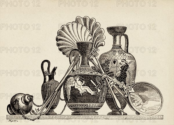 Ceramic toilet articles Ancient Greece. Old 19th century engraved illustration, El Mundo Ilustrado 1880
