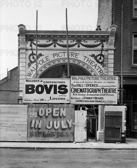 WALPOLE PICTURE THEATRE, Ealing, London. Cinematograph opening in July 1912. Photograph commissioned by Bovis Ltd of their building by architect J S Beard. Photographed in June 1912 by Bedford Lemere & Co.