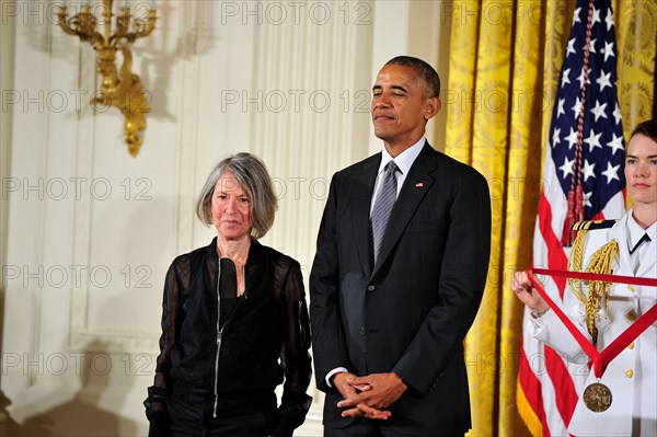 ***FILE PHOTO*** Louise GlŸck Wins Nobel Prize For Literature. In this file photo from September 22, 2016, United States President Barack Obama presents the 2015 National Humanities Medal to Louise Glück, Poet of Cambridge, Massachusetts during a ceremony in the East Room of the White House in Washington, DC. On October 8, 2020, the Nobel Prize announced Louise Glück was being awarded the 2020 Nobel Prize in Literature. Credit: Ron Sachs/CNP /MediaPunch
