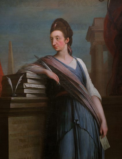 Catharine Macaulay (1731-1791), later Catharine Graham. British political writer and historian. Portrait by Robert Edge Pine (c. 1730-1788). Macaulay is shown dressed as a Roman matron to indicate her republican sentiments and belief in democracy, wearing the distinctive purple sash of an elected Roman Senator. Oil on canvas (137,2 x 104,8 cm), c. 1774. National Portrait Gallery. London, England, United Kingdom.
