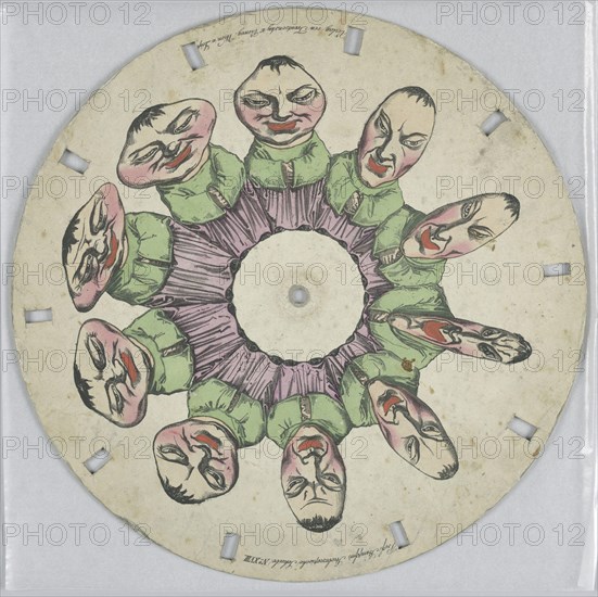 Phenakistiscope Disc with Distorted Man, Simon von Stampfer, Austrian, 1792 - 1864, Hand-colored lithograph on paperboard, Paper disc with a hole in the center, 10 rectangular perforations evenly spaced along perimeter for viewing. Arranged in a ring, several still images show the progressive distortion of a male figure's head and face., Vienna, Austria, 1833, toys & games, Optical toy, Optical toy