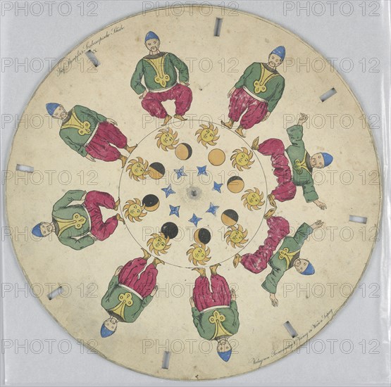 Phenakistiscope Disc with Dancing Man, Simon von Stampfer, Austrian, 1792 - 1864, Hand-colored lithograph on paperboard, Paper disc with a hole in the center, 8 rectangular perforations evenly spaced along perimeter for viewing. In the outermost ring, several still images show a dancing man in oriental costume in various stages of a low squat. In the innermost ring, a sun with a face orbits around a planet, showing the stages of day and night. Closest to the central perforation is a ring of blue stars at various angles., Vienna, Austria, ca. 1835, toys & games, Optical toy