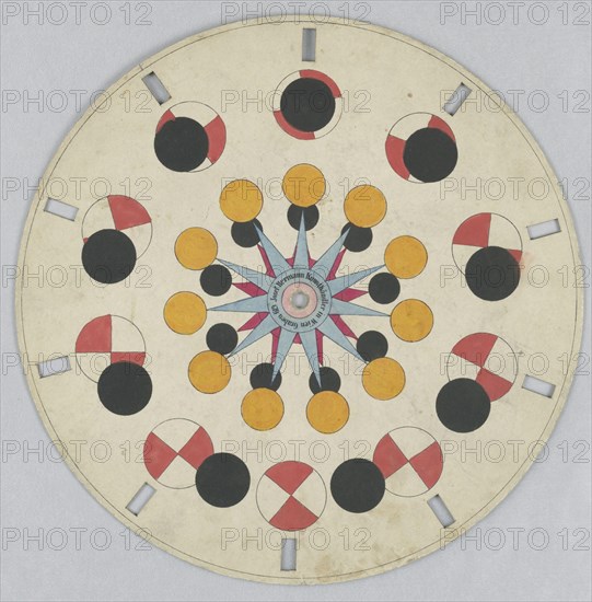 Phenakistiscope Disc with Geometric Shapes, Josef Bermann, Austrian, 1810 - 1866, Hand-colored lithograph on paperboard, Paper disc with a hole in the center, 10 rectangular perforations evenly spaced along perimeter for viewing. In the outermost ring, several still images show a small black circle passing forward over a red and white circle. In the innermost ring, a black and yellow circle rotate around the edges of a blue and red layered star., Vienna, Austria, ca. 1840, toys & games, Optical toy, Optical toy