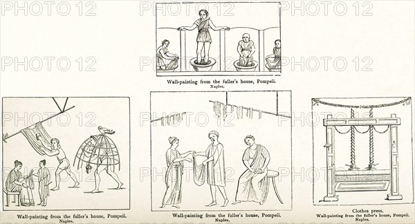 Wall painting from fuller’s house in Pompeii (three images) and clothes press from fuller’s house in Pompeii. Figure 7 shows four washermen in compartments. Each stands or kneels in a tub of water, three are rubbing and wringing clothes, while the fourth, supporting himself by the partitions, jumps up and down on the clothes. Figure 10 depicts a further stage. The mistress of the shop, or someone else in authority, sits to the left examining a piece of cloth or a scarf which a sewing girl brings to her, In the center, a man is brushing a shirt which hangs from a rack with a brush shaped very m