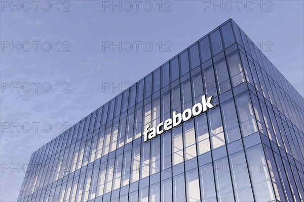 Menlo Park, California, USA. February 25, 2021. Editorial Use Only, 3D CGI. Facebook Signage Logo on Top of Glass Building. Workplace Social Networkin
