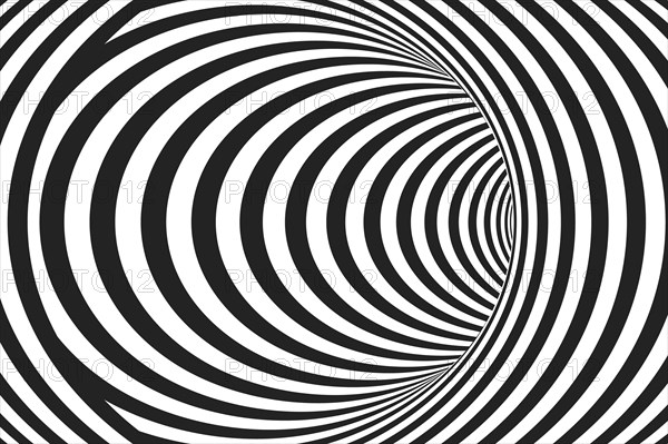 Abstract black and white concentric lines that makes a striped tunnel.  Optical Illusion effect. Modern vector background. Hypnotic line art.