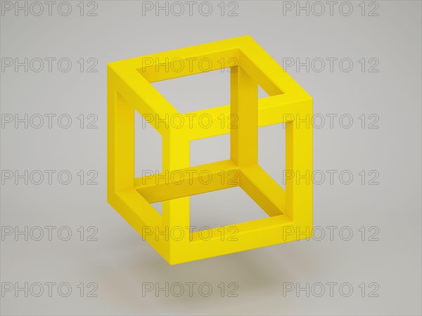 Popular optical illusion with paradoxical yellow cube over light gray background. 3d rendering illustration