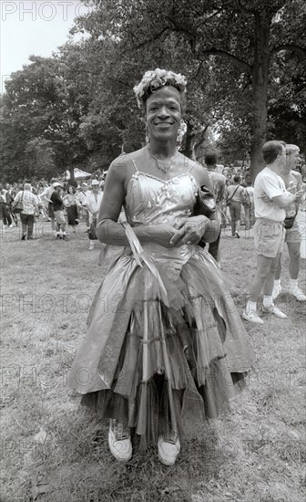 File photo: Baltimore, MD June 6, 1991:  Marsha P. Johnson, a gay liberation  activist  and self-identified drag queen poses during her appearance at
