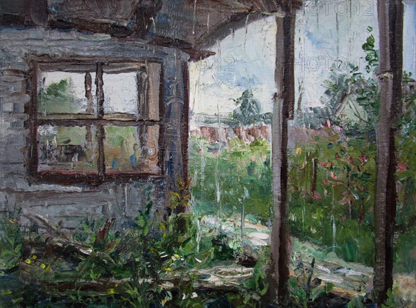 Rain in the country in summer, oil painting with palette knife