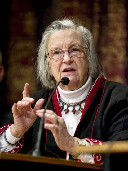 Economics Nobel laureate Elinor Ostrom during the Nobel Foundation press conference with Nobel laureates in physics, chemistry and economics held at the Royal Swedish Academy in Stockholm.