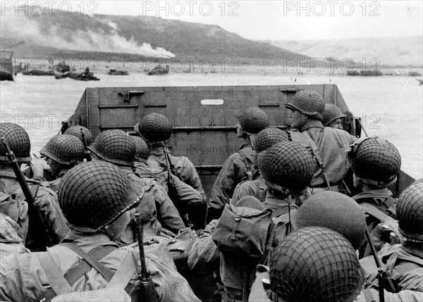 American troops in a landing craft approach Omaha Beach during the D-Day landings on the 6 June 1944.