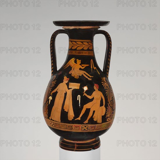 Art inspired by Terracotta pelike (jar), Hellenistic, ca. 330–310 B.C., Greek, South Italian, Apulian, Terracotta; red-figure, H. 19 5/8 in. (49.8 cm), Vases, Obverse, woman seated between youth and woman; above, Eros with fillet, woman, and swan Reverse, woman and seated youth, Eros, Classic works modernized by Artotop with a splash of modernity. Shapes, color and value, eye-catching visual impact on art. Emotions through freedom of artworks in a contemporary way. A timeless message pursuing a wildly creative new direction. Artists turning to the digital medium and creating the Artotop NFT