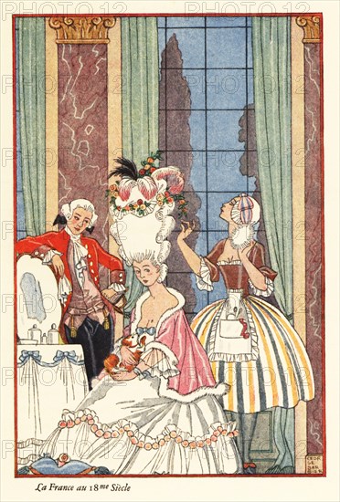 A noble woman at her toilette in the era of Marie Antoinette, 18th century France. A hairdresser with a powder puff fixes the woman's huge pouffe hair-do. The woman sits holding a lap dog. La France au 18me Siecle. Smithsonian-process colour print after Art Deco master George Barbier from Richard le Gallienne’s Romance of Perfume, Hudnut, New York, 1928.