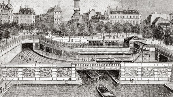 Construction of the Paris metro. State of the works of the Bastille station on August 1, 1899. France, Europe. Old 19th century engraved illustration from La Nature 1899