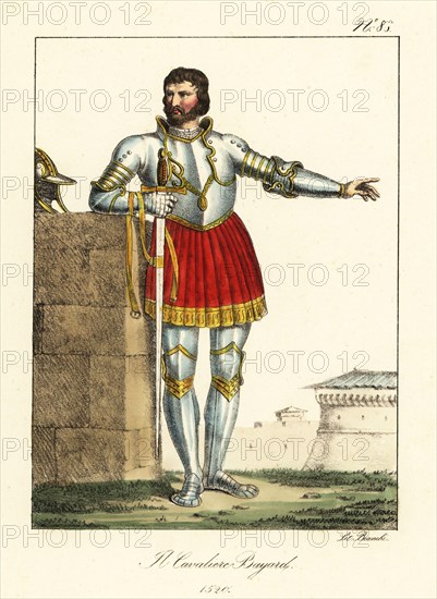Pierre Terrail, seigneur de Bayard, c. 1476-1524, French knight and commander. In suit of plate armour with gold trim, red skirts, helm and sword. Le Chevalier Bayard, 1520. Handcoloured lithograph by Lorenzo Bianchi after Hippolyte Lecomte from Costumi civili e militari della monarchia francese dal 1200 al 1820, Naples, 1825. Italian edition of Lecomte’s Civilian and military costumes of the French monarchy from 1200 to 1820.