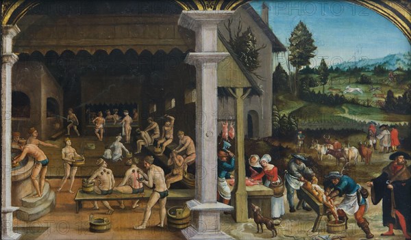 Bathing and slaughter scenes depicted in the painting 'Two Panels from a Series of Rural Scenes' by German Renaissance painter Hans Wertinger (1516-1525) on dis?l?? in the G?rm?nis?h? N?ti?n?lmus?um (German N?ti?n?l Museum) in Nürnb?rg, Germany.