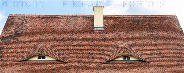 Old beautiful european german fachwerk building rooftop with eye shaped windows and chimney. Typical traditional ancoent house roof architecture in
