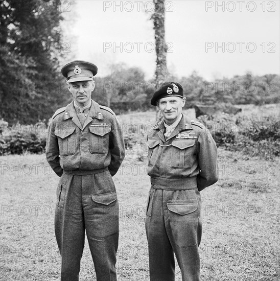 Lieutenant General Miles Dempsey, commanding British 2nd Army, with General Sir Bernard Montgomery in France, 16 July 1944. The Commanding Officers of 21st Army Group: Lt General Miles C Dempsey CB DSO MC, Commander of the British 2nd Army, photographed with General Sir Bernard Montgomery in France.