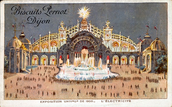 Commemorative biscuit tin by Pernot for the Exposition Universelle 1900 in Paris showing the Palace of Electricity. Produced by Pernot Biscuits, Dijon.
