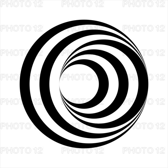 Op art circle. Black and white stripes make optical illusion. Swirl rotation effect. Sphere tunnel visual trick. Symmetric round object. Vector