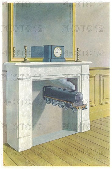 Time Transfixed (La Durée poignardée), 1938, oil on canvas. Painting by René Magritte. René Magritte ( 21 November 1898 – 15 August 1967) was a Belgian surrealist artist, who became well known for creating a number of witty and thought-provoking images. Often depicting ordinary objects in an unusual context, his work is known for challenging observers' preconditioned perceptions of reality. His imagery has influenced pop art, minimalist art, and conceptual art.