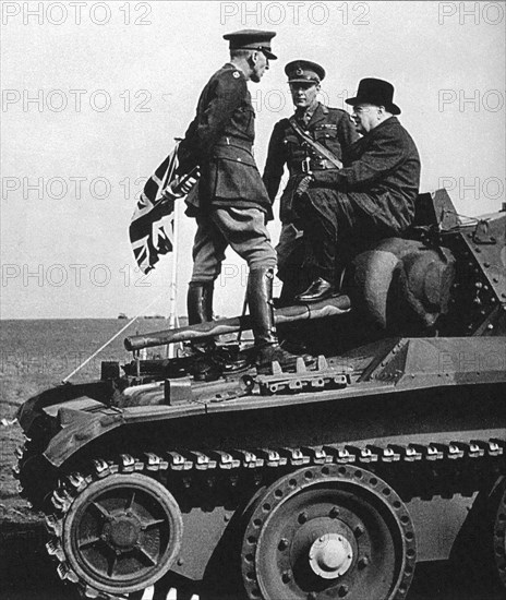 Winston Churchill aboard a Churchill tank in Normandy following the D-Day invasion. June 1944