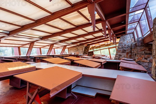 Scottsdale, Arizona, USA- September 20, 2022: Interior View of Taliesin West school studio, winter home of famed architect Frank Lloyd Wright.