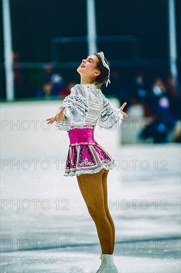 Katarina Witt (GDR) Gold medalist and Olympic Champion competing in the Ladies Figure Skating Short Program at the 1984 Olympic Winter Games.