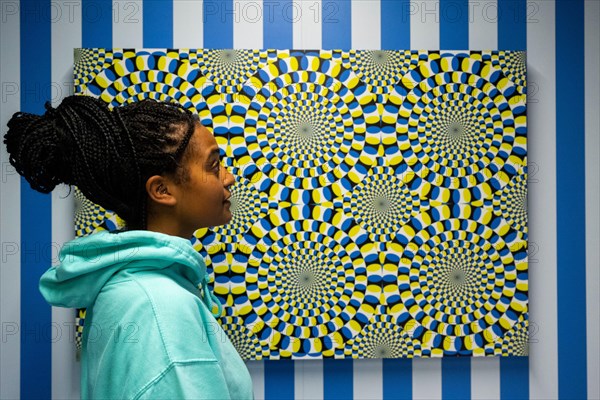 London, UK.  15 November 2022. A staff member views 'Rotating Snakes', 2022, by Akiyoshi Kitaoka, a demonstration of the Fraser-Wilcox illusion, at a preview of the new Twist (The Way I See Things) Museum.  Opening to the public on 16 November, the world of illusions is brought to life in an immersive exhibition exploring the worlds of art, psychology and neuroscience.  Housed in a former Zara store at 248 Oxford Street, the redevelopment marks a change to the traditional shopfront in an area where several large retailers have closed. Credit: Stephen Chung / Alamy Live News