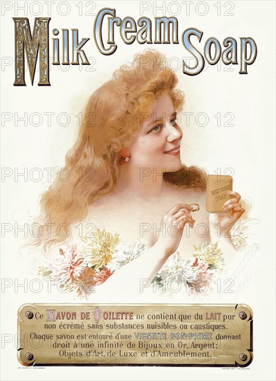 Vintage advertising poster - Milk cream soap. This toilet soap contains only pure non-skimmed milk without harmful or caustic substances.