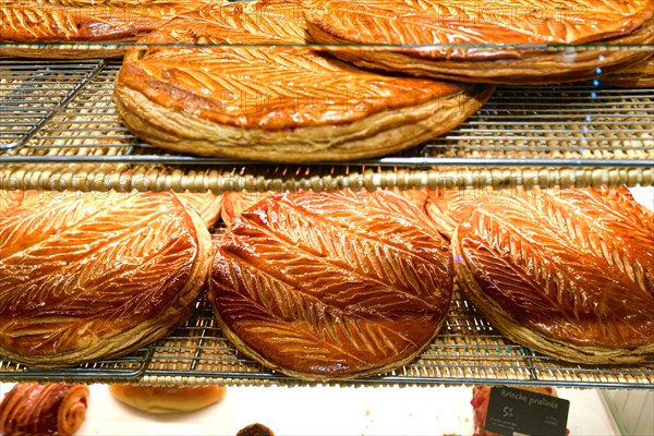 Illustration picture shows king cake or epiphany cake ("galette des rois") in a bakery in Levallois-Perret near Paris, France on January 6, 2023. Photo by Victor Joly/ABACAPRESS.COM