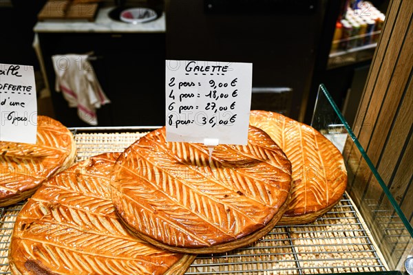 Illustration picture shows king cake or epiphany cake ("galette des rois") in a bakery in Levallois-Perret near Paris, France on January 6, 2023. Photo by Victor Joly/ABACAPRESS.COM