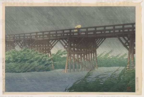 Kawase Hasui, Evening Shower at Imai Bridge, 1932, color woodblock print.