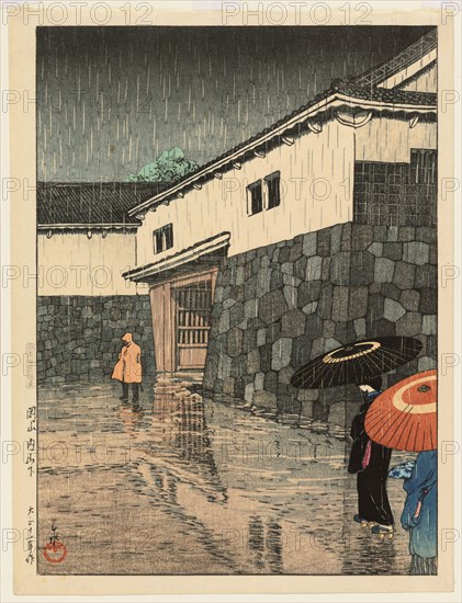 Kawase Hasui, Rain in Uchiyamashita, Okayama District, 1923, color woodblock print.