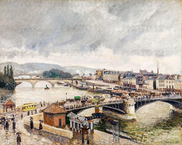 Camille Pissarro, View of the Great Bridge to Rouen in the rain, painting in oil on canvas, 1896