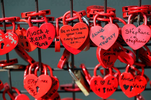 Red love heart locker on bridge. Love symbol. Saint Valentine.    Alsace. France.