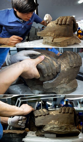 Bildnummer: 60181235  Datum: 18.07.2013  Copyright: imago/XinhuaXI AN, July 18, 2013 -- In this combination photo taken on July 18, 2013, an archeological worker repairs dilapidated pieces of a terracotta warrior at the Emperor Qinshihuang s Mausoleum Site Museum in Xi an, capital of northwest China s Shaanxi Province. The 2,200-year-old mausoleum was discovered in Lintong District, 35 km east of Xi an, in 1974 by peasants who were digging a well. The Chinese terracotta army buried around the mausoleum was one of the greatest archeological finds of modern times. (Xinhua) (wqq) CHINA-SHAANXI-T