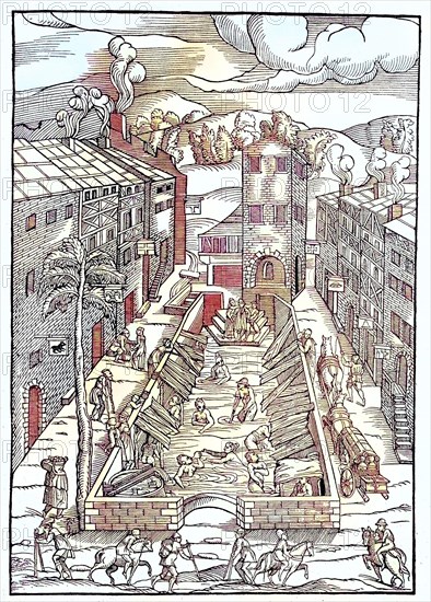 Digital restauriert, Badeanstalt, das gemeinsame Sanatorium für die Armen und Kranken in Plombiere, Frankreich, Holzschnitt aus dem Jahr 1553, Veröffentlichung aus dem Jahr 1882  /  Digital improved:, Bathing establishment, the common sanatorium for the poor and sick in Plombiere, France, woodcut from the year 1553, publication from the year 1882