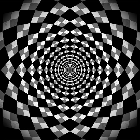 Hypnotic background, optical spiral illusion. Optical Checkered Circle Classic circular Op Art design in black and white color. Vector illustration