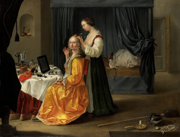 Lady at Her Toilet, c. 1650-1660, Unknown Dutch, 17th century, 53 1/4 x 69 1/2 in. (135.26 x 176.53 cm) (canvas)61 1/2 x 78 1/2 x 5 3/4 in. (156.21 x 199.39 x 14.61 cm) (outer frame), Oil on canvas, Netherlands, 17th century