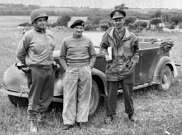 OPERATION OVERLORD   On 10 June 1944 three Allied generals meet in Normandy in front of Montgomery's staff car. From left : US Lieutenant-General Omar Bradley, General Sir Bernard Montgomery, Lieutenant-General Miles Dempsey.
