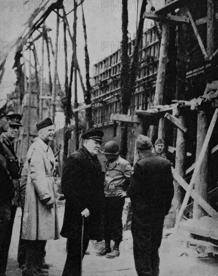 Winston Churchill visits a captured Flying Bomb launch site in on the Cherbourg Peninsula, a couple of weeks after D-day on the 6th June 1944, during the Second World War.