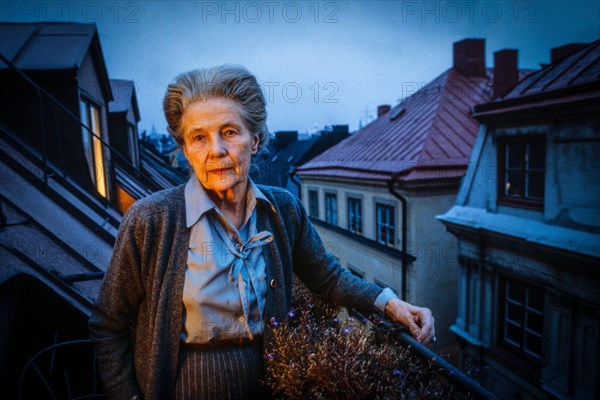 Alva Myrdal on her bslcony in the Old Town, Stockholm. . Nobel Prize winner 1982 (The Nobel Peace Prize)