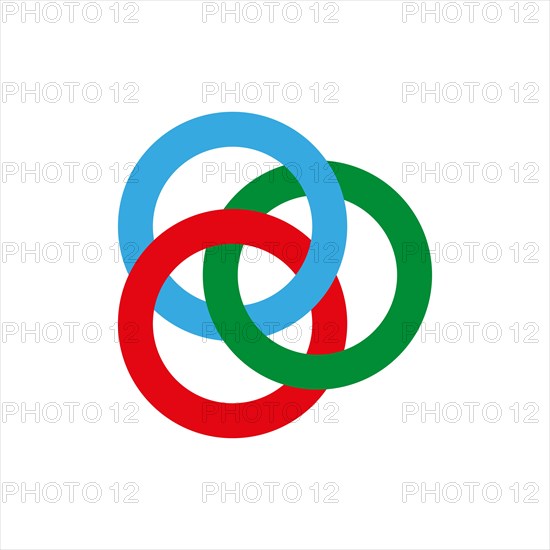 Borromean rings. Three simple closed curves. Three colored intersecting circles, rings. Vector illustration. EPS 10.