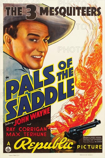 Vintage film poster - Pals of the Saddle (Republic, 1938). John Wayne joins Ray Corrigan and Max Terhune for his first "Three Mesquiteers" Western adventure