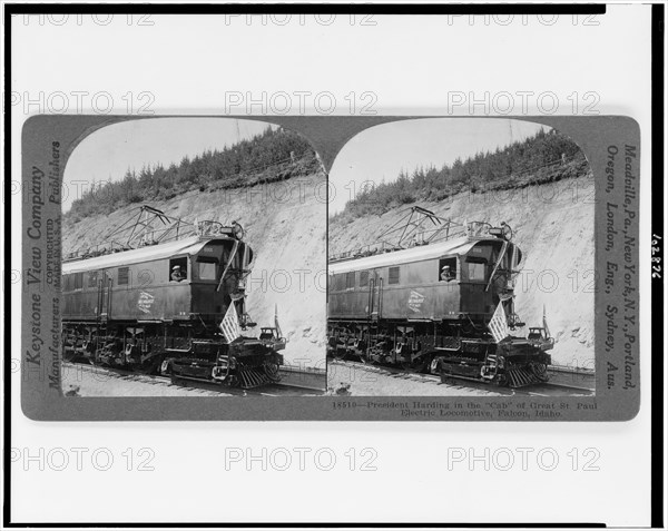 United States President Warren G Harding in the cab of Great St Paul electric locomotive Falcon Idaho Stereograph