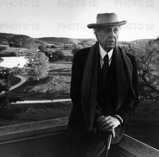 Frank Lloyd Wright, famous architect, at his home in Madison, Wisconsin.