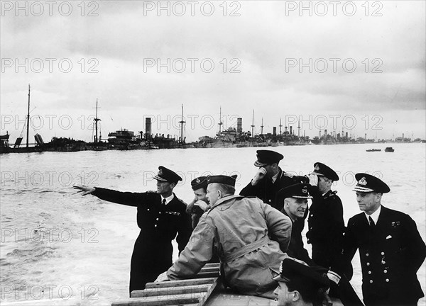 Normandy Invasion 1944 Rear Admiral Sir Philip Vian Admiral Sir Bertram H Ramsay Air Vice Marshal Sir Arthur Tedder General Bull USHQ Admiral Rivett Carnac Commodore Douglas Pennant on board LCP as they pass old ships