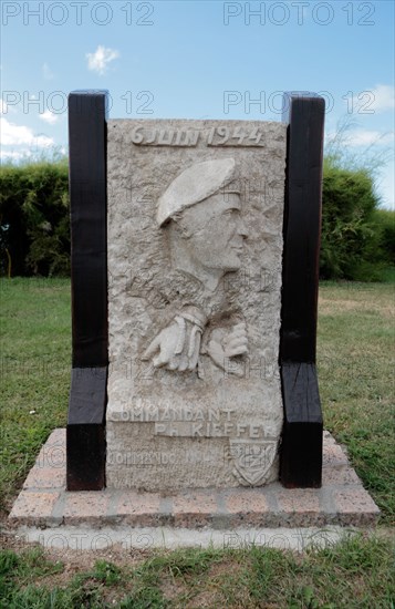 Memorial to Commandant Kieffer, beside the Flame Monument at Sword beach, Ouistreham, Normandy, France.